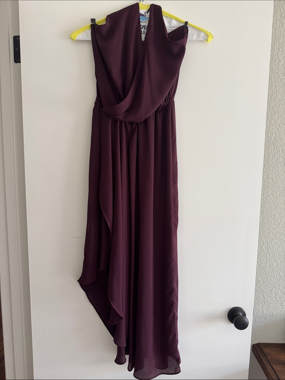 Krisa Halter Faux Wrap Assymetrical Hem Burgundy Women’s Evening Dress
